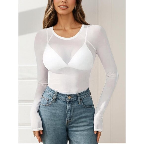 🆕Women's White Floral Mesh Top Crew Neck Long Sleeve Sheer Polyester Sexy Tee - Picture 3 of 5